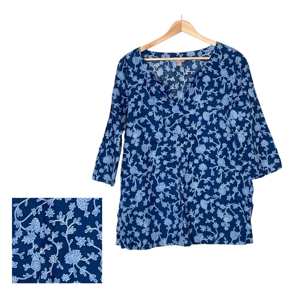 J. Jill Blue 100% Linen Pull On Top Tunic Size Medium Split Neck 3/4 Sleeve